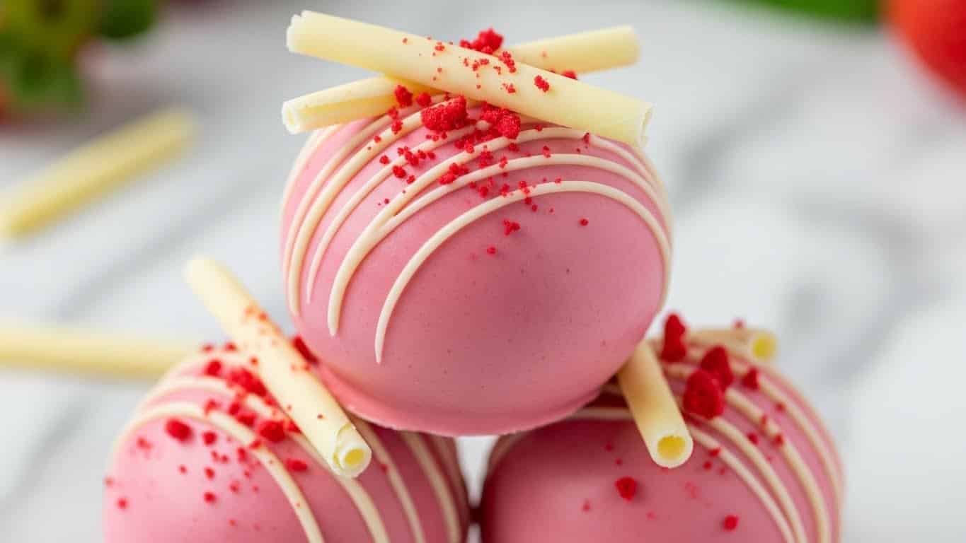 The image shows three round pink cake balls stacked with the top one in focus. Each cake ball is coated in a smooth pink glaze. The top cake ball has thin white chocolate curls and small red crumbs on it, giving texture and color contrast. The background is a soft white marbled surface with blurred green and red elements, possibly strawberries. The overall look is clean and inviting. Photo taken with an iphone --ar 4:5 --v 7