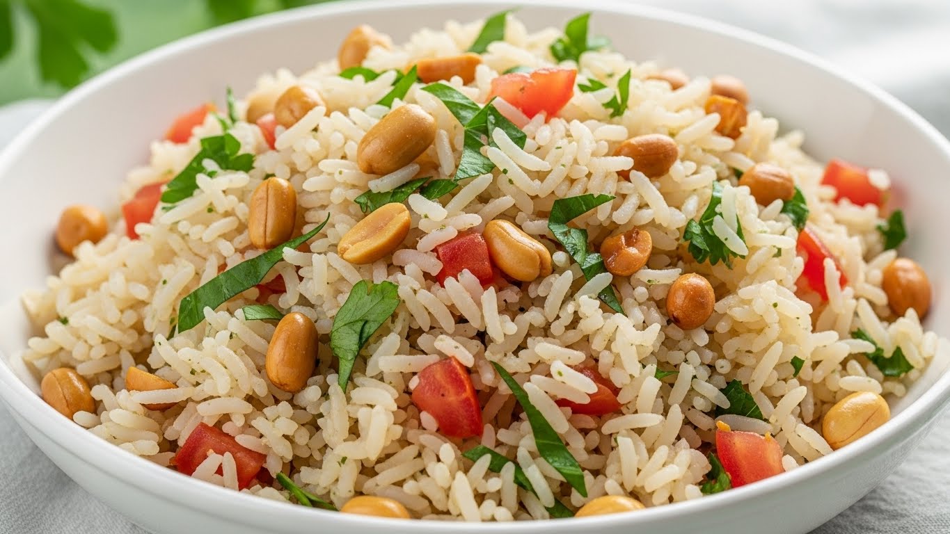 A round white bowl filled with cooked long-grain white rice mixed with golden-brown toasted peanuts and small chopped pieces of red tomato. The rice is scattered with finely chopped green herbs, adding vibrant green color throughout. The rice looks fluffy with a light texture, and the dish is placed on a soft light-colored cloth with a blurred green background. Photo taken with an iphone --ar 4:5 --v 7