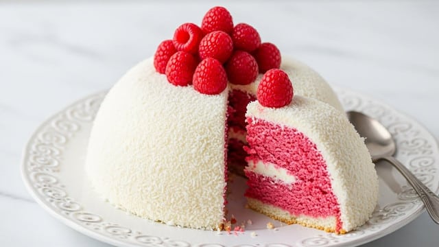 Raspberry Swirl Coconut Snowball Cake Recipe