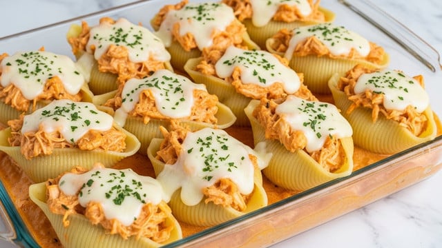 A glass rectangular dish holds large pasta shells filled with shredded chicken mixed in a creamy light orange sauce, each shell topped with a white melted cheese layer sprinkled with green herbs. The shells are arranged closely in rows, resting on a pool of the same light orange sauce at the base. The pasta shells are pale yellow with ridged textures, and the cheese topping looks soft and slightly melted with herbs spread unevenly. The background shows a white marbled texture. photo taken with an iphone --ar 4:5 --v 7