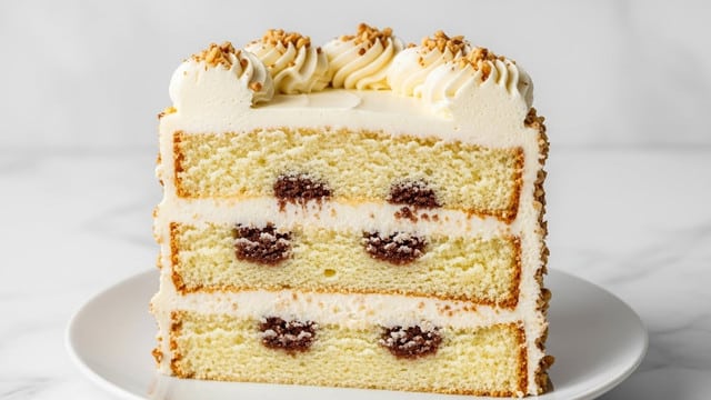 A close-up view of a slice of layered vanilla cake with three layers of light brown, soft, and crumbly cake separated by two smooth, creamy white frosting layers. The top of the cake is covered with a glossy layer of the same white frosting, slightly dripping over the edges. The cake slice is placed on a white plate with a fork beside it, resting on a white marbled surface. photo taken with an iphone --ar 4:5 --v 7