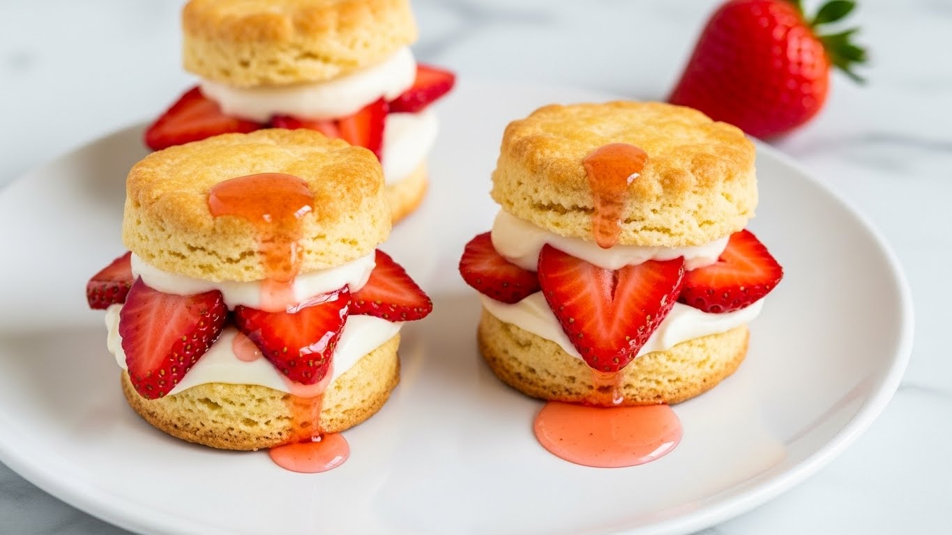 Three small strawberry shortcakes are shown on a white plate with a white marbled surface. Each shortcake has three layers: the bottom layer is a golden, flaky biscuit; the middle layer contains bright red sliced strawberries with glossy syrup and a thick, smooth white cream; the top layer is another piece of golden biscuit with a light crumbly texture. One strawberry shortcake has syrup dripping onto the plate, and a whole red strawberry is placed near the top right. Photo taken with an iphone --ar 4:5 --v 7
