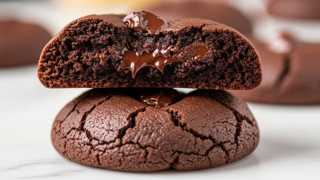 The image shows a group of nine round chocolate cookies with cracked surfaces, each lightly dusted with powdered sugar, arranged close together on parchment paper over a wooden board. To the right of the cookies, there is a white bowl filled with uneven chunks of milk chocolate pieces. The cookies have a rich dark brown color with a soft texture visible through the slight cracks. The scene sits on a white marbled textured surface. photo taken with an iphone --ar 4:5 --v 7