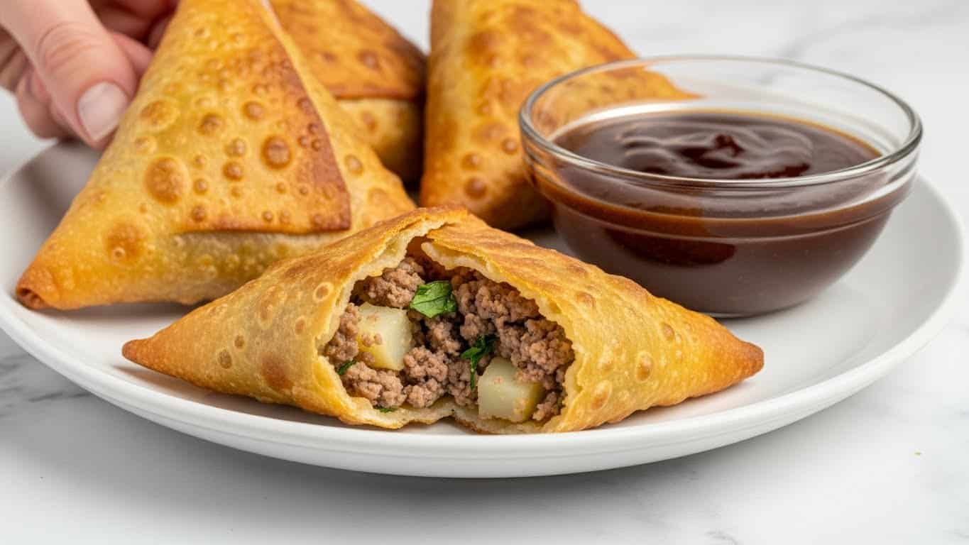 A close-up image shows three triangular golden-brown samosas with crispy, slightly bubbled dough on a white plate. One samosa in the front is opened to reveal a filling made of minced meat mixed with small pieces of white potatoes and green herbs inside. To the right, a clear glass bowl contains a thick dark brown dipping sauce. The plate sits on a white marbled surface, and a woman's hand is holding the opened samosa slightly from the edge. photo taken with an iphone --ar 4:5 --v 7