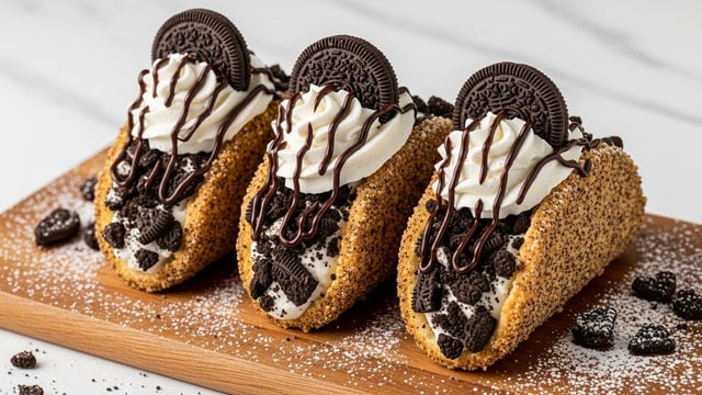 The image shows three taco-shaped desserts lined up on a wooden board, each with a crunchy golden-brown shell coated in crumbs. Inside each shell is a fluffy white whipped cream layer topped with crushed dark chocolate cookies, giving a crumbly texture. On top of the cream, there is a swirl of more whipped cream, crowned with a whole chocolate cookie standing vertically. Drizzled dark chocolate syrup decorates the whipped cream and the outside of the shells, with scattered cookie crumbs and powdered sugar on the board for added detail. The whole setup sits on a white marbled surface. Photo taken with an iphone --ar 4:5 --v 7