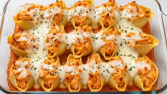 A glass baking dish filled with large pasta shells arranged in rows, each shell stuffed with shredded chicken mixed with a creamy orange sauce; on top, melted white cheese is spread unevenly with light browning and sprinkled with green herbs, while the shells rest in a generous layer of orange sauce that partially covers the bottom of the dish, all set on a white marbled surface. photo taken with an iphone --ar 4:5 --v 7