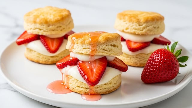 The image shows two small layered desserts on a white plate, placed on a white marbled surface. Each dessert has three layers: a golden-brown biscuit at the bottom, followed by a thick layer of white cream with a smooth texture, then bright red strawberries and strawberry sauce dripping down. Another biscuit layer tops the cream and berries, and more cream and sauce are visible between the top biscuit layer and the biscuit base. The strawberries look fresh and juicy, with some cut in halves and others whole, adding a bright contrast to the creamy white and golden biscuit layers. photo taken with an iphone --ar 4:5 --v 7