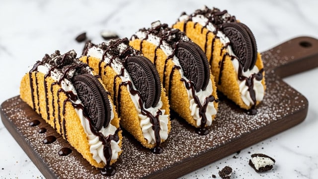 Oreo Crunch Cheesecake Tacos with Chocolate Drizzle Recipe