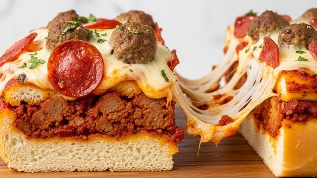 A close-up view of a thick slice of stuffed pizza bread on a wooden board, showing three visible layers: a soft, light beige bread base on the bottom, a middle layer filled with chunky, crumbled sausage in rich red tomato sauce, and a top layer of melted, gooey cheese mixed with small meatballs and round slices of pepperoni, all garnished with small bits of fresh green herbs. The cheese is pulling away in long, stretchy strands from the cut edge, emphasizing its melted texture. The background features a white marbled texture. photo taken with an iphone --ar 4:5 --v 7