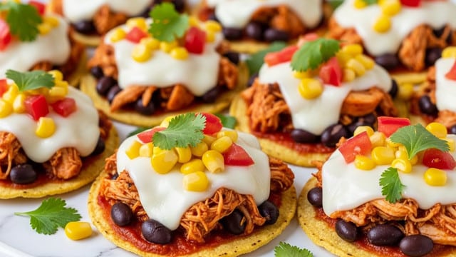 The image shows a close-up of small tostadas placed on a white plate on a white marbled surface. Each tostada has a crisp, golden-brown base with a layer of red sauce underneath. On top, there is shredded cooked chicken mixed with black beans, followed by melted white cheese creating a smooth, shiny texture. The toppings include bright yellow corn kernels, small red tomato pieces, and fresh green cilantro leaves, scattered evenly across each tostada. The tostadas are arranged closely, with a few cilantro leaves and corn kernels scattered around for extra detail. Photo taken with an iphone --ar 4:5 --v 7