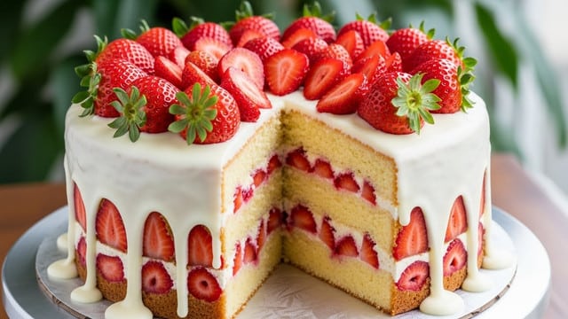 A round layered cake on a silver stand, with tall vertical slices revealing a soft yellow sponge cake studded with pieces of bright red strawberries inside. The cake is covered in thick white glaze that drips down the sides in wide, smooth streams, partially covering the strawberry pieces embedded in the cake. The top is decorated with fresh, whole and halved strawberries arranged densely in a circular pattern, with green leaves showing on some berries. The cake stand sits on a wooden surface with a blurred green plant in the background, all under soft natural light. Photo taken with an iphone --ar 4:5 --v 7