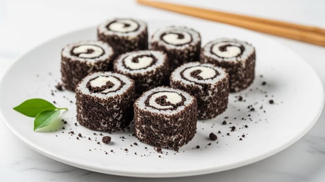 The image shows a white plate with eight small sushi roll-like pieces arranged in two rows. Each piece has two layers: a dark outer layer with a rough texture that looks like crumbled cookies or chocolate, and a smooth, creamy white inner layer rolled into a spiral shape. The pieces are set on a white marbled surface, with a small green leaf garnish on the plate’s corner. Some crumbs are scattered around the rolls, and a pair of wooden chopsticks rests in the background. photo taken with an iphone --ar 4:5 --v 7
