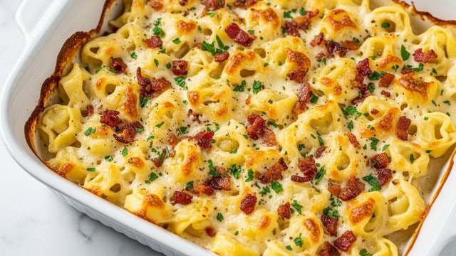 This close-up image shows a white baking dish filled with a creamy pasta bake made of tortellini. The dish has one main layer of the tortellini pasta, which is light yellow and plump, covered in a rich, creamy white sauce. On top, there is a golden-brown crust of melted cheese sprinkled with small bits of browned bacon and finely chopped green herbs. The edges of the dish have slightly crisp, browned spots where the sauce bubbled over. The texture looks bubbly and creamy with a slight crispy top. The dish sits on a white marbled textured surface. photo taken with an iphone --ar 4:5 --v 7