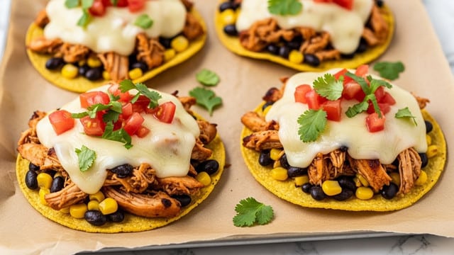 The image shows four tostadas placed on brown parchment paper over a tray on a white marbled surface. Each tostada has three layers: a crispy golden-yellow base tortilla, topped with shredded chicken mixed with black beans and small yellow corn kernels, followed by a melted light yellow cheese layer spread unevenly on top. Fresh toppings of small red tomato pieces and chopped green cilantro leaves are scattered on the cheese, adding color contrast. Some spots show slight charring on the chicken, adding texture. The overall look is vibrant with natural colors and a fresh feel. Photo taken with an iphone --ar 4:5 --v 7