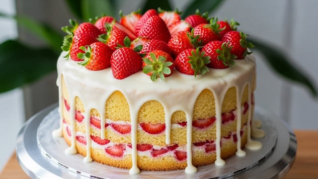 A round cake with a ring shape is placed on a white plate on a white marbled surface. The cake has three visible layers: the bottom layer is a golden-brown sponge, the middle layer consists of whole and halved red strawberries arranged vertically around the cake, and the top layer is a thick white glaze that drips down over the strawberries and sponge unevenly. On top of the cake, whole strawberries are arranged evenly along the ring. The glaze looks smooth and glossy, covering parts of the strawberries and creating soft drips. photo taken with an iphone --ar 4:5 --v 7