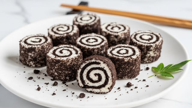 The image shows five small, round cake rolls placed closely together on a white plate against a white marbled surface. Each roll has two layers: a dark, almost black outer layer with a slightly rough texture and a smooth, creamy white layer swirled tightly inside, creating a spiral pattern. The contrast between the dark outer layer and the white inner layer is sharp and clear, making the spiral shape stand out. The rolls are cut cleanly, showing the even thickness of each layer. A pair of wooden chopsticks rests nearby on the plate’s edge. Photo taken with an iphone --ar 4:5 --v 7