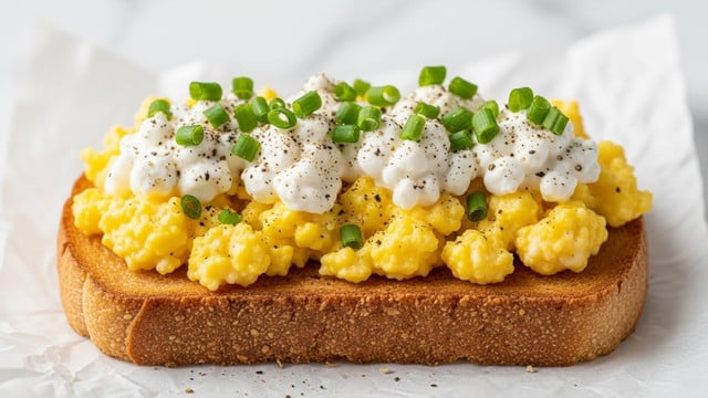 A close-up image of a single slice of toasted bread with a golden-brown crust and slightly textured surface. On top, there are two visible layers: a fluffy yellow scrambled egg base with soft, small curds, and uneven dollops of white creamy cottage cheese spread over the eggs. Scattered evenly across the top are small chopped green chive pieces, and a light sprinkle of black pepper adds specks of dark contrast. The toast rests on crumpled white parchment paper placed on a white marbled texture surface. photo taken with an iphone --ar 4:5 --v 7