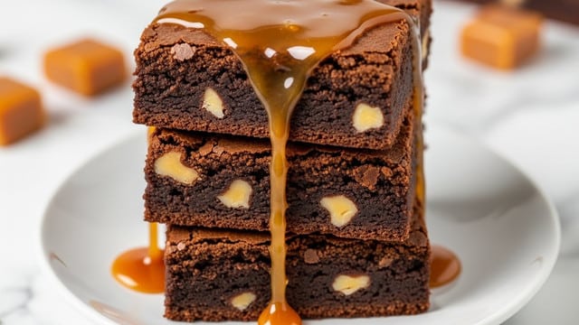 A close-up view of a stack of three thick brownies on a white plate, each brownie showing a rich, dark brown color with scattered chunks of nuts inside. The top brownie has gooey caramel sauce drizzled on it, with thick golden caramel slowly dripping down the sides. The texture of the brownies looks dense and fudgy with a cracked surface on top. The plate is set on a white marbled surface, and parts of caramel candy pieces can be seen blurred in the background. Photo taken with an iphone --ar 4:5 --v 7