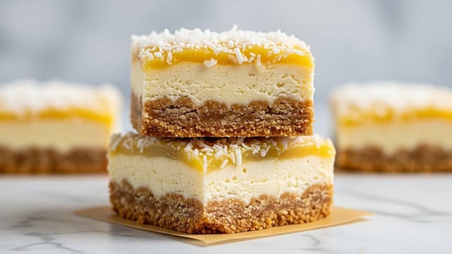 The image shows two square dessert bars stacked on top of each other on a light brown paper over a white marbled surface. Each bar has three visible layers: the bottom layer is a crumbly, golden brown crust with a textured, crunchy look; the middle layer is a thick, soft, light yellow filling that looks moist and smooth; and the top layer is a glossy, slightly darker yellow glaze sprinkled with white coconut flakes that add texture and contrast. The background is softly blurred, making the dessert the clear focus. photo taken with an iphone --ar 4:5 --v 7