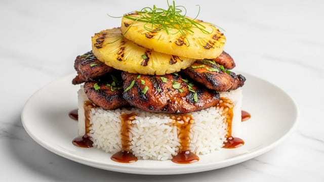 A dish is shown with three layers stacked on a white plate placed on a white marbled surface. The bottom layer is a thick, neatly packed mound of white rice with a slight drizzle of dark brown sauce. The middle layer consists of juicy, dark brown grilled chicken pieces with a glossy finish and scattered green herbs on top. The top layer features two golden-yellow grilled pineapple slices with brown grill marks, garnished with thin green herb strands. The overall look is vibrant with a mix of white, dark brown, yellow, and green colors. Photo taken with an iphone --ar 4:5 --v 7