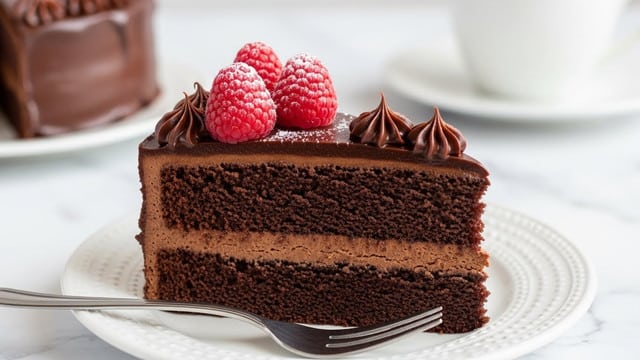 A slice of two-layer dark chocolate cake sits on a white plate with a silver fork beside it. The bottom and middle layers are moist, dark chocolate sponge, separated by a smooth layer of lighter chocolate cream. The top layer is a glossy, rich chocolate ganache with swirled dollops of dark chocolate frosting. Three bright red raspberries dusted with powdered sugar rest on the frosting. The plate is set on a white marbled surface with a blurred white cup and saucer in the background. photo taken with an iphone --ar 4:5 --v 7