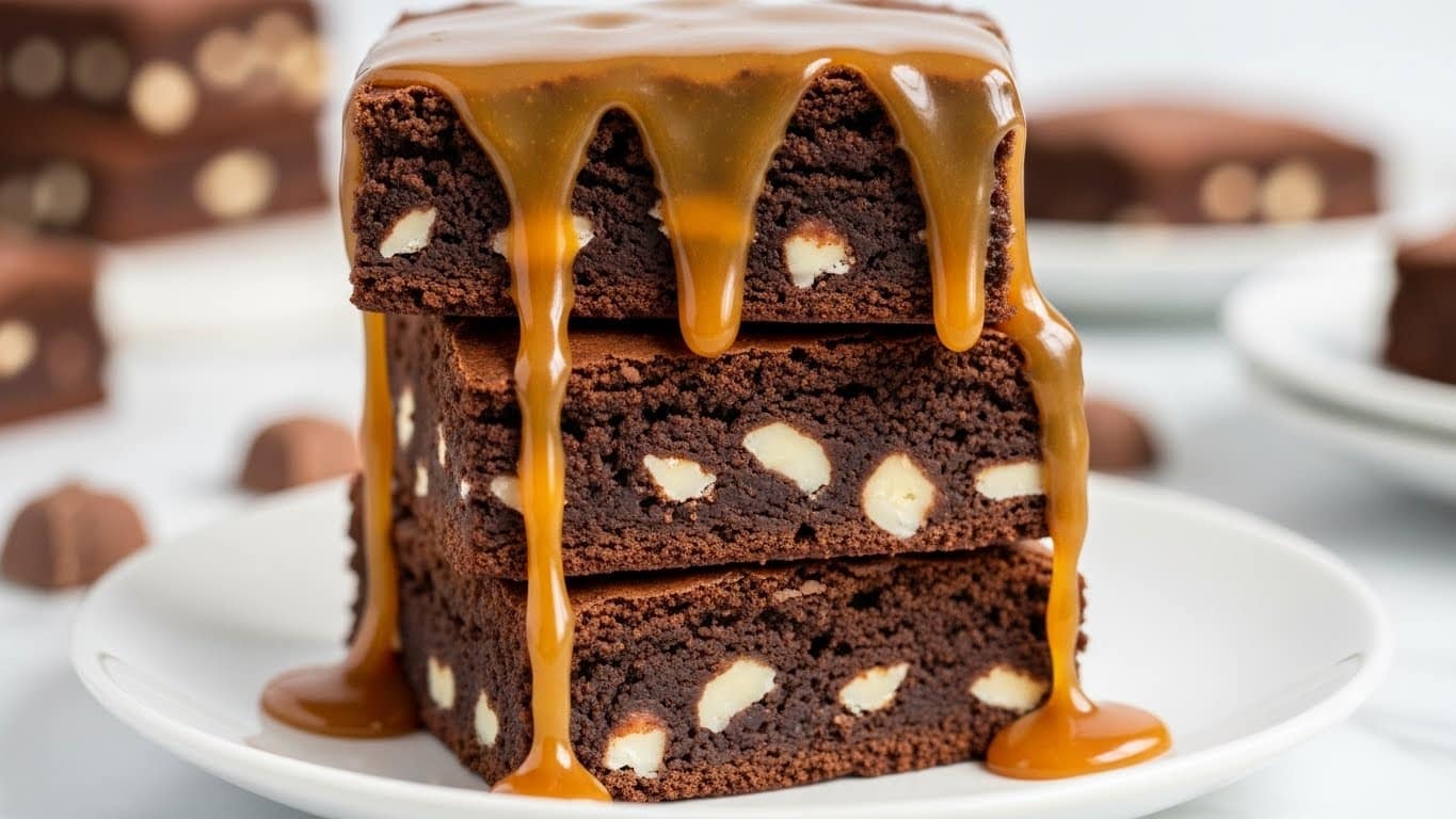 A stack of three thick brownies sits on a white plate on a white marbled surface. Each brownie layer is dark brown and dense with visible chunks of white nuts or white chocolate inside. The top brownie is drizzled with a shiny, golden caramel sauce that cascades down the sides, creating a smooth, glossy texture contrast with the rough, crumbly brownie surface. In the background, blurred pieces of candy or additional brownies can be seen, adding depth to the image. photo taken with an iphone --ar 4:5 --v 7