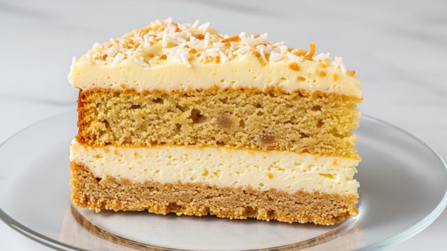 A slice of two-layer cake sits on a clear plate against a white marbled surface. The bottom layer is a golden brown crust with a crumbly texture, topped by a thick, creamy pale yellow filling. Above this is a slightly darker yellow cake layer with a moist, dense texture showing small bits inside. The top layer is a smooth, glossy pale yellow cream spread evenly, sprinkled with white and light brown coconut flakes for texture. Photo taken with an iphone --ar 4:5 --v 7