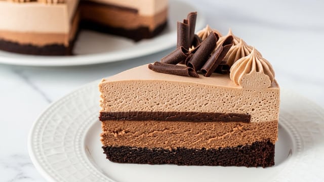 A close-up of a three-layer chocolate mousse cake slice on a white plate with a subtle pattern around the edge, placed on a white marbled surface. The cake has a thick, dense dark brown chocolate base at the bottom, followed by a fluffy light brown mousse layer, then a thin dark brown chocolate layer, topped again by a thick light brown mousse layer forming the smooth top surface. The top edge is decorated with small swirls of mousse and several dark chocolate shavings in the center. In the background, the whole chocolate mousse cake is visible on a white plate, softly blurred. Photo taken with an iphone --ar 4:5 --v 7