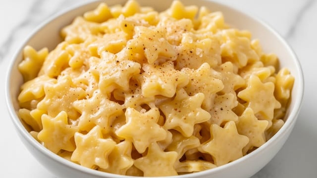 A close-up of a white bowl filled with star-shaped pasta covered in a creamy, light yellow cheese sauce. The pasta is piled high, showing the smooth, glossy texture of the sauce that coats each star, making them look soft and rich. On top, there is a sprinkle of fine pinkish salt crystals adding a slight contrast to the yellow cheese and creamy pasta beneath. The background features a white marbled texture that highlights the warm tones of the dish, with soft lighting emphasizing the shiny, smooth surface of the cheese sauce. photo taken with an iphone --ar 4:5 --v 7