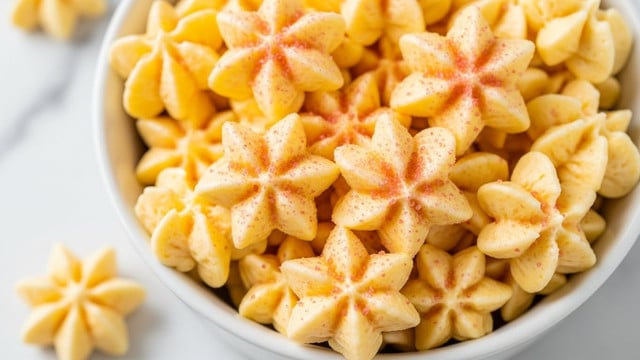 The image shows a close-up of a white bowl filled with small, star-shaped dollops of creamy yellow frosting, each with a smooth, soft texture. On top of the stars, there is a light sprinkling of fine pink sugar crystals that add a touch of color contrast and sparkle to the dish. The bowl is set on a white marbled surface, enhancing the brightness and softness of the frosting stars. Photo taken with an iphone --ar 4:5 --v 7