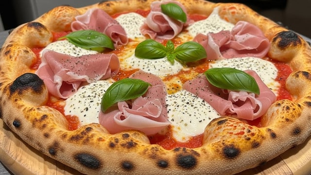 A pizza shown with a thick, puffy, golden-brown crust that has dark charred spots, topped with a base of slightly visible red tomato sauce. Over the sauce, there are dollops of creamy white melted cheese spread evenly across the pizza. Thin, translucent layers of pink prosciutto are arranged on top, slightly folded in places. Fresh green basil leaves are scattered across the pizza, with some black seasoning sprinkled finely over everything. The pizza sits on a wooden board with a blurred background. Photo taken with an iphone --ar 4:5 --v 7