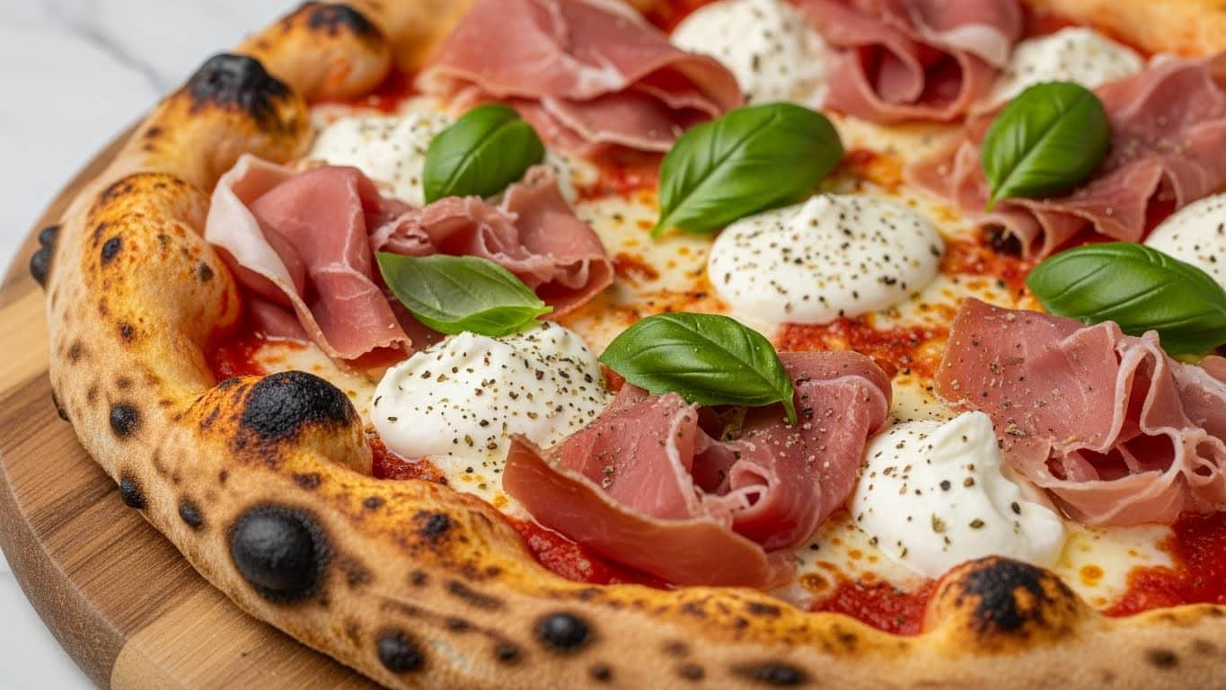A close-up of a pizza with a thick, golden-browned crust that has some charred dark spots, topped with thin layers of reddish-pink prosciutto, smooth dollops of white melted cheese, scattered green basil leaves, and a light sprinkle of black pepper and herbs. The base shows a thin spread of red tomato sauce peeking through under the toppings. The pizza rests on a wooden board with a white marbled surface in the background. photo taken with an iphone --ar 4:5 --v 7