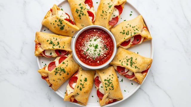 A white plate holds six golden-brown calzone slices arranged in a circle around a small bowl of red marinara sauce. Each calzone slice shows a thick crust sprinkled with green herbs and baked to a crisp texture, with melted cheese and slices of pepperoni and ham peeking out from the edges. The marinara sauce in the bowl is thick and topped with grated white cheese and herbs, sitting centrally on the plate. The plate is set on a white marbled texture. Photo taken with an iphone --ar 4:5 --v 7