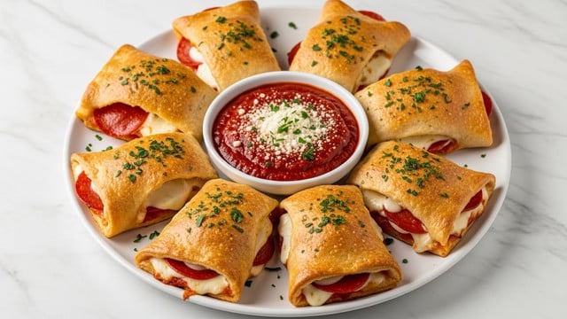 A white round plate holds eight folded rectangular pizza pockets arranged in a circle. Each pocket has a golden-brown crust with a slightly crispy texture and is sprinkled with green herbs on top. Inside the pockets, visible layers include melted white cheese and red pepperoni slices. In the center of the plate, there is a small round bowl filled with thick, deep red marinara sauce topped with grated white cheese and green herb sprinkles. The plate is placed on a white marbled textured surface. Photo taken with an iphone --ar 4:5 --v 7