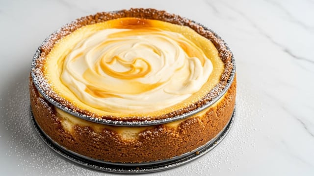A round cheesecake in a round metal pan with a golden-brown crust that is firm and slightly cracked around the edges. The cheesecake filling inside is creamy and thick with a smooth, slightly swirled texture in pale yellow and off-white colors, appearing soft and rich. There is a light dusting of powdered sugar on the edges of the crust and pan, contrasting softly with the cheesecake's colors. The whole scene is set on a white marbled textured surface. photo taken with an iphone --ar 4:5 --v 7