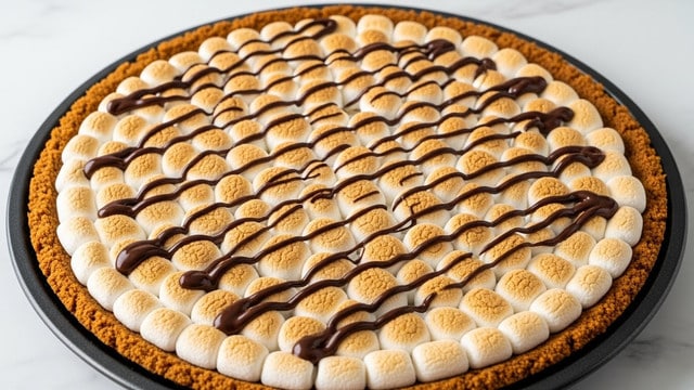 A large, round cookie crust with a golden-brown color forms the base of the dish, set inside a dark pan. On top, there is a thick layer of small, toasted marshmallows that are creamy white with light brown spots, covering the entire surface. Over the marshmallows, a dark brown chocolate drizzle creates thin, diagonal lines from one side to the other. The dish is placed on a white marbled surface. photo taken with an iphone --ar 4:5 --v 7