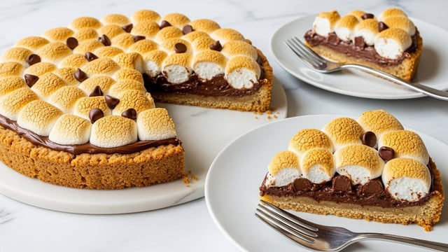 A large cookie pie with three layers is shown on a white marbled surface: the bottom layer is a thick, golden brown cookie crust. Above that is a smooth, glossy chocolate spread forming the middle layer. The top layer consists of fully toasted marshmallows that are golden and slightly browned, with melted chocolate chips scattered among them. Two slices of the pie are placed on white plates; each slice shows the three layers clearly. The thick cookie crust edges are cracked slightly for texture, and the marshmallows on the slices are puffed and shiny with some toasted spots. Two silver forks lie on the plates next to the slices. The overall look is warm and rich, with a mix of soft and crispy textures. Photo taken with an iphone --ar 4:5 --v 7