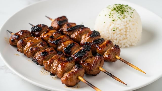 The image shows four wooden skewers with grilled meat that looks shiny and caramelized, placed on a white plate. The meat is dark brown with some charred spots, giving it a crispy texture. Next to the skewers, there is a small mound of white rice sprinkled with green herbs for color. The plate is set on a white marbled surface. Photo taken with an iphone --ar 4:5 --v 7