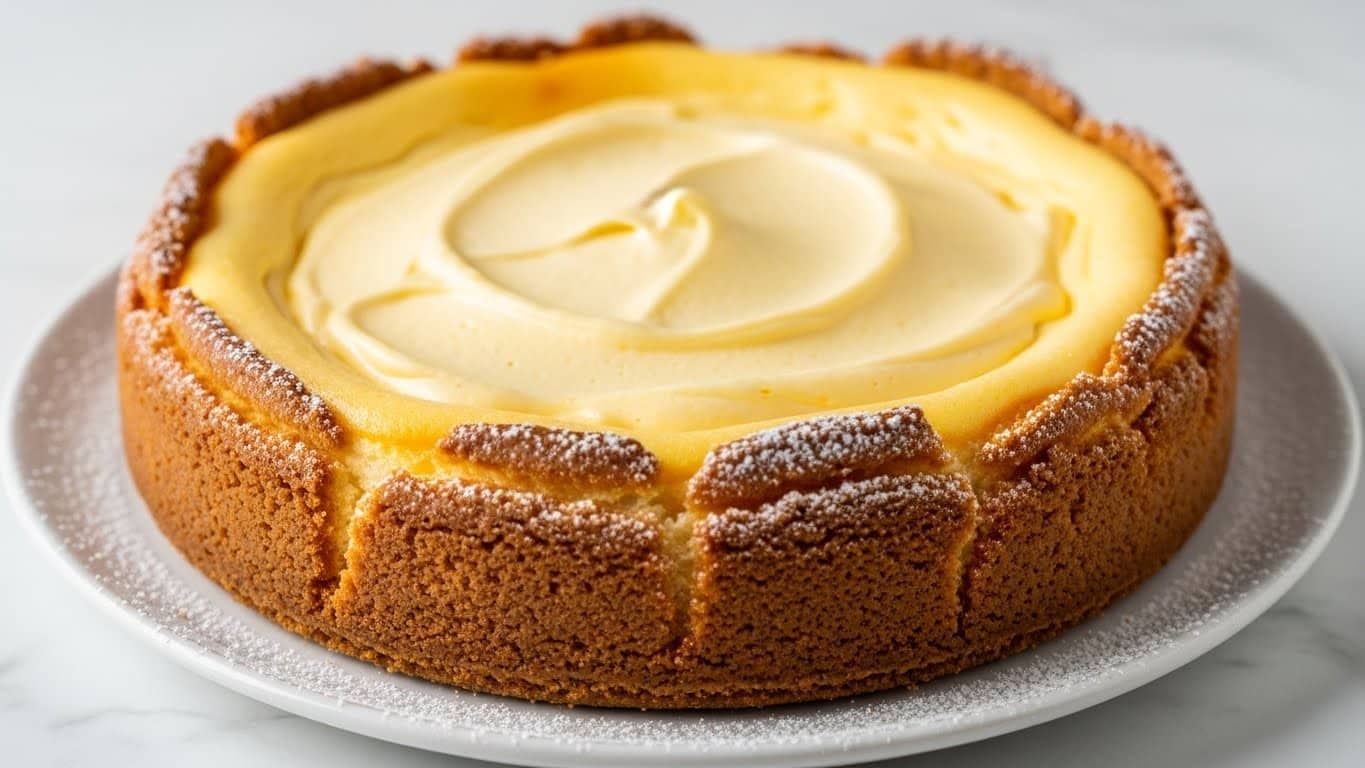 A round cheesecake with a thick, golden brown crust that is slightly cracked around the edges, dusted lightly with powdered sugar. The creamy yellow filling in the center is smooth with some soft, whipped texture and a few gentle folds, creating a soft, inviting look. The cheesecake rests on a white plate sitting on a white marbled surface. photo taken with an iphone --ar 4:5 --v 7