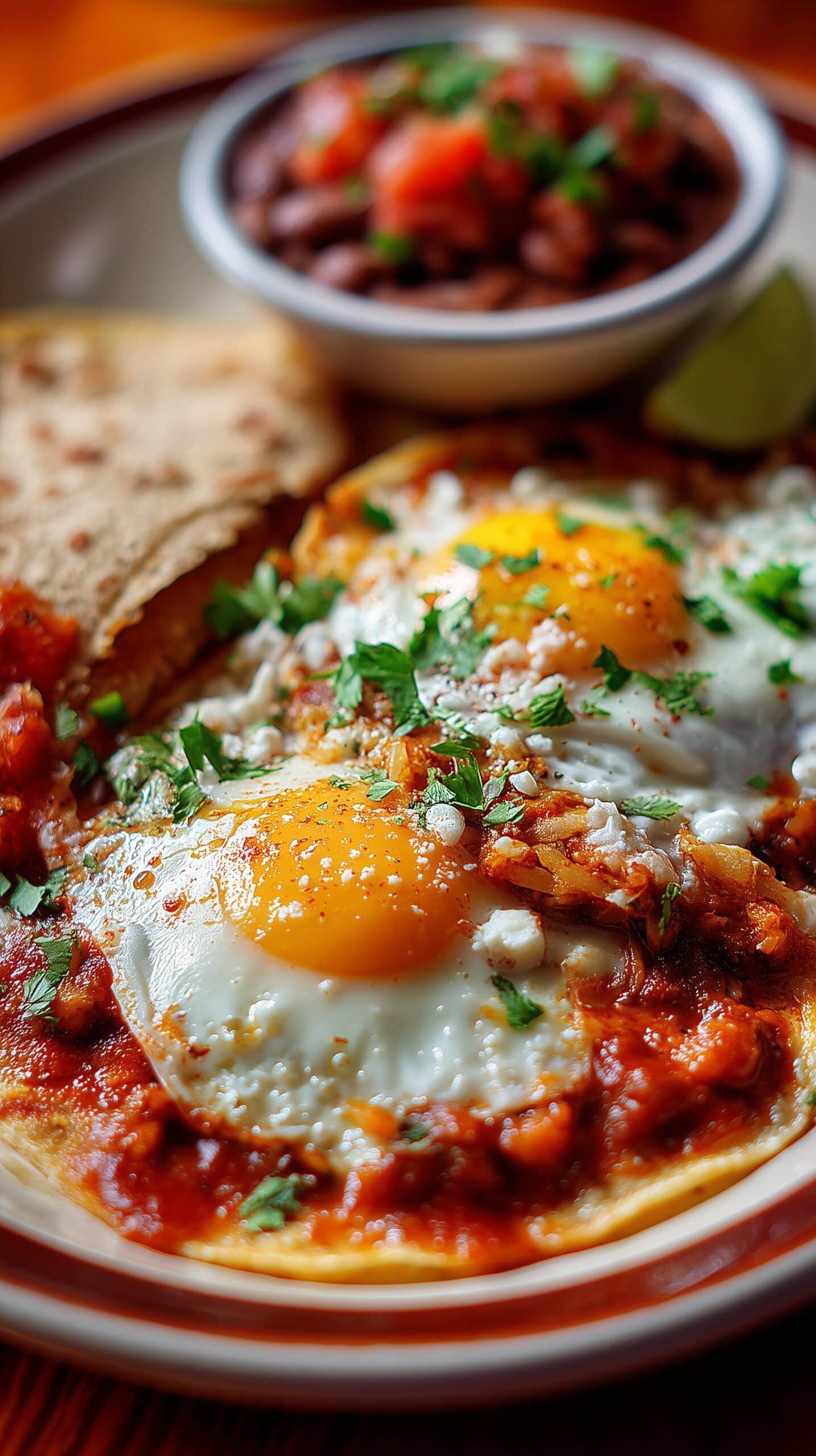 Creamy Chicken and Green Salsa Chilaquiles with Fried Eggs and Fresh Toppings Recipe - Recipe Image