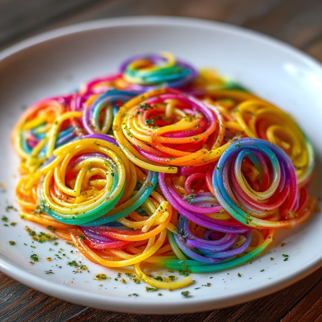 Rainbow Spaghetti with Colorful Salad and Omelette Recipe - Recipe Image