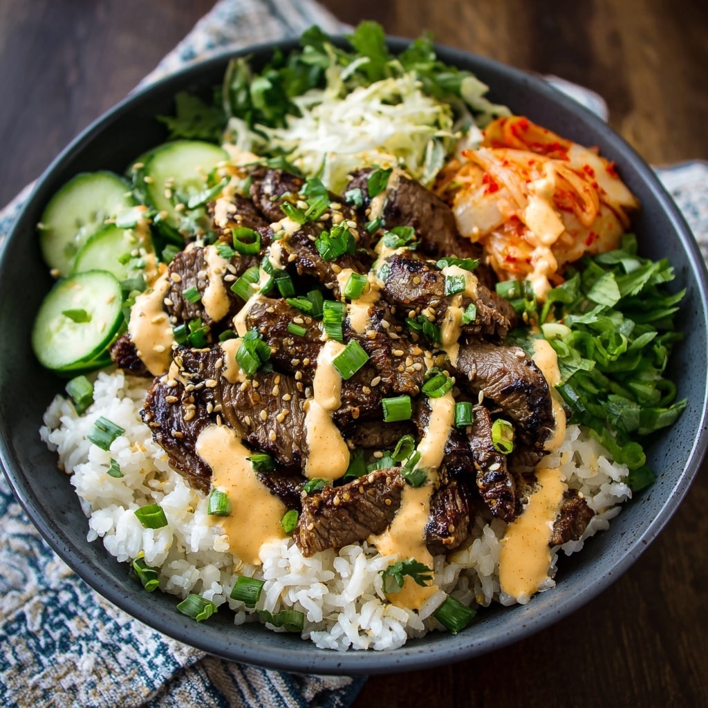 Korean BBQ Steak Rice Bowls with Spicy Cream Sauce Recipe - Recipe Image