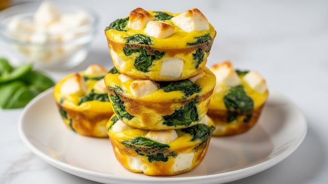 A stack of three mini egg muffins sits on a white plate placed on a white marbled surface. Each muffin has a golden brown crust on the outside and is filled with visible green spinach leaves and white chunks of cheese that are evenly spread throughout the soft, yellow egg base. The muffins are slightly puffed with a textured top that shows the mix of melted cheese and spinach. In the blurred background, there is a small clear bowl with more white cheese and some green leaves. photo taken with an iphone --ar 4:5 --v 7