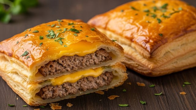 The image shows two golden-brown, square puff pastries with a shiny, flaky texture. The top pastry is cut open, revealing two inner layers: a glossy yellow melted cheese layer on top and a juicy brown ground meat layer beneath. Small green herb bits are sprinkled on top of both pastries, adding freshness. The pastries sit on a dark wooden surface with a few scattered herbs around. The light captures the crisp layers of the puff pastry well, emphasizing its flakiness and golden color. photo taken with an iphone --ar 4:5 --v 7