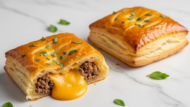 Two square pastries are shown on a white marbled texture. Each pastry has several layers of golden-brown puff pastry crust that is flaky and shiny on top, sprinkled with small green herb leaves. The front pastry is cut open, revealing melted bright yellow cheese mixed with cooked brown ground meat inside. The back pastry is whole, showing the smooth, slightly crinkled top layer. Small herb leaves are scattered around the pastries on the surface. photo taken with an iphone --ar 4:5 --v 7