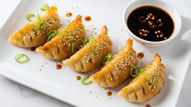 A white rectangular plate holds five golden-brown pan-fried dumplings arranged in a row, each topped with a sprinkle of sesame seeds and garnished with thin green scallion slices. A small white bowl filled with dark soy sauce, dotted with small chili flakes, sits at the top right corner of the plate. The dumplings have a crispy, textured bottom with a soft, translucent upper part, and there are small drops of soy sauce around them on the plate. The plate is placed on a white marbled surface. photo taken with an iphone --ar 4:5 --v 7