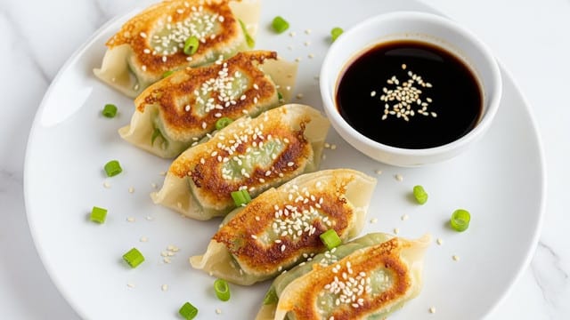 A white plate with four golden brown pan-fried dumplings arranged in a row, each dumpling showing a crispy, textured top layer sprinkled with white sesame seeds. The dumplings have slightly translucent, soft edges with hints of green from the cabbage filling peeking through. Scattered small pieces of green onion garnish the plate around the dumplings. A small white bowl filled with dark soy dipping sauce topped with a few sesame seeds sits near the dumplings. The whole scene is set on a white marbled surface, creating a clean and fresh look. photo taken with an iphone --ar 4:5 --v 7