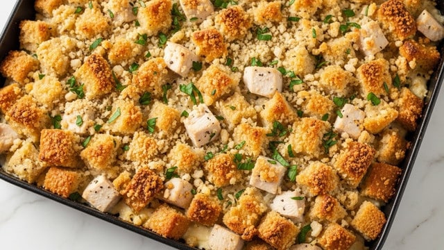 A close-up image shows a fork holding a bite of baked casserole with three visible layers. The top layer is a golden-brown, crispy breadcrumb crust speckled with small green herbs. The middle layer consists of tender, white chunks of cooked chicken with a slightly glossy texture. The bottom layer is creamy and mixed, appearing to have rice and sauce with some herb pieces throughout. The focus is sharp on the forkful, while the background shows more of the casserole in soft focus on a white marbled surface. Photo taken with an iphone --ar 4:5 --v 7