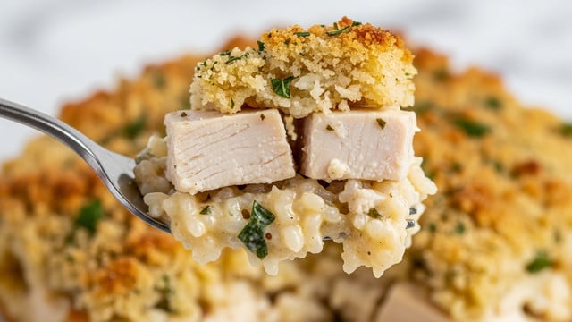 The image shows a baked dish in a dark casserole with a layer of golden-brown toasted bread pieces mixed with white chunks of cooked chicken on top. The edges have a crunchy texture with slightly browned bread crumbs, while fresh green chopped herbs sprinkle across the surface, adding a touch of color and freshness. The dish's filling underneath is creamy and smooth, visible in the gaps between the crispy topping, all placed on a white marbled surface. photo taken with an iphone --ar 4:5 --v 7