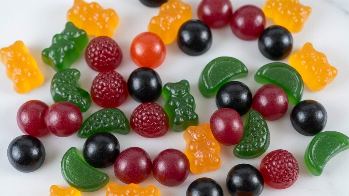 The image shows a close-up view of small gummy candies scattered on a white marbled surface. There are four kinds of gummies in different colors: bright orange, dark red, dark green, and black. Each gummy has a shiny, smooth, and slightly translucent texture, with some shaped like bears and others shaped like fruit slices or other small shapes. The candies are randomly arranged with the colors and shapes mixed evenly, giving a colorful, varied look. Photo taken with an iphone --ar 4:5 --v 7